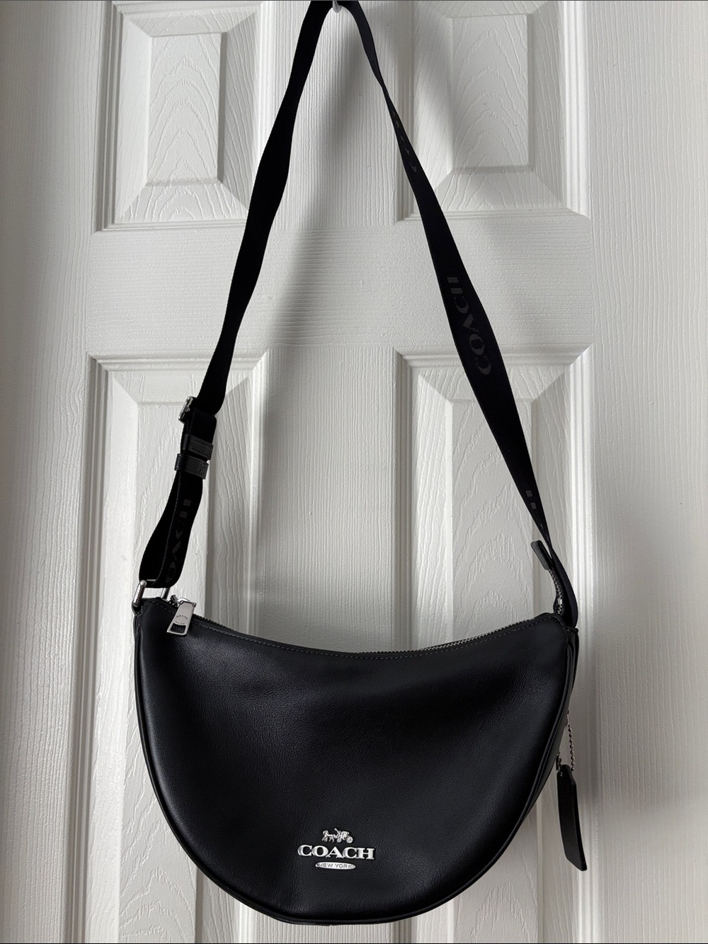 Coach CHARTER Black Leather Crescent Shoulder Crossbody Bag with Logo Strap